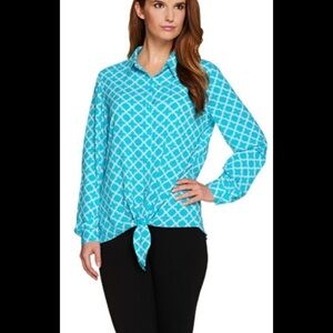 Susan Graver Multicolored Button Down Shirt with Tie Front